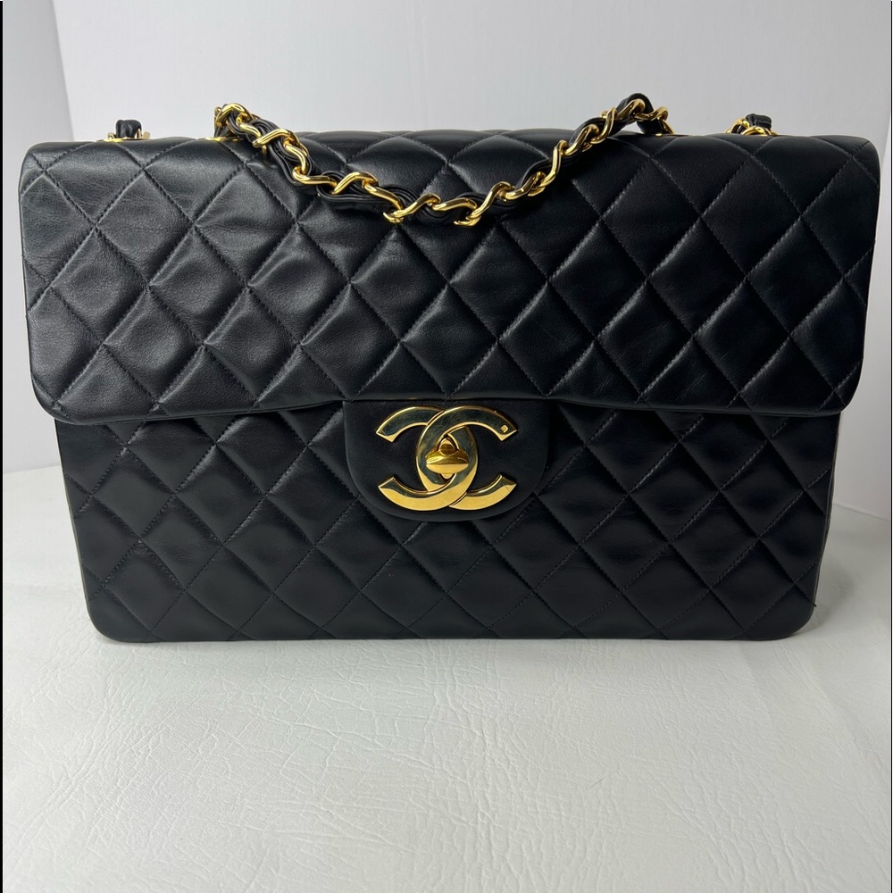 Auth Chanel Black Quilted Leather Vintage Maxi Flap Bag with 24kt Gold plated